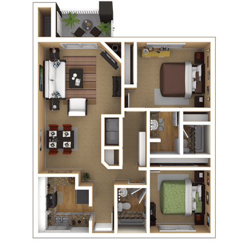 Floor plan for 2 beds, 2 baths, 1046 sqft
